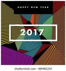 Happy New Year 2017 background. Calendar cover template. Colorful & Modern memphis style background. Greeting card vector illustration.