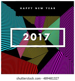 Happy New Year 2017 background. Calendar cover template. Colorful & Modern memphis style background. Greeting card vector illustration.