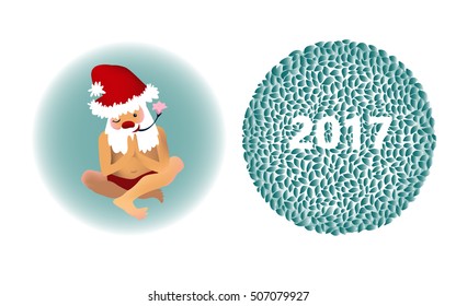 Happy New Year 2017 background. Volumetric pattern texture around digits. Cold colors. Frost. Cartoon Santa Claus on vacation. Tropical Christmas