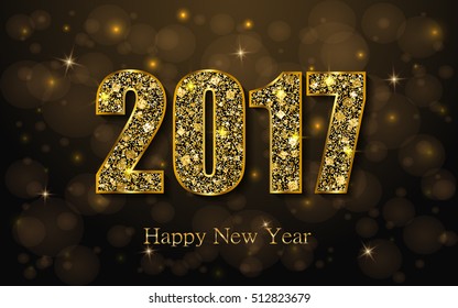 Happy New Year 2017. Background with golden sparkling metallic texture. Vector iIlustration. Luxury design. Text Design. Calendar cover.