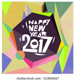 Happy New Year 2017 background. Calendar cover template. Colorful & Modern memphis style background. Greeting card vector illustration.