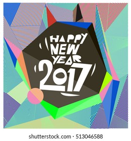 Happy New Year 2017 background. Calendar cover template. Colorful & Modern memphis style background. Greeting card vector illustration.