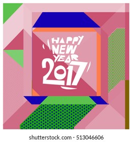 Happy New Year 2017 background. Calendar cover template. Colorful & Modern memphis style background. Greeting card vector illustration.
