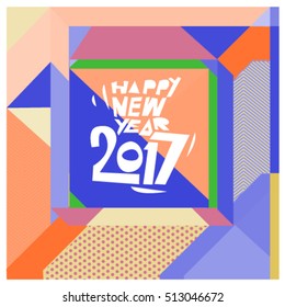Happy New Year 2017 background. Calendar cover template. Colorful & Modern memphis style background. Greeting card vector illustration.