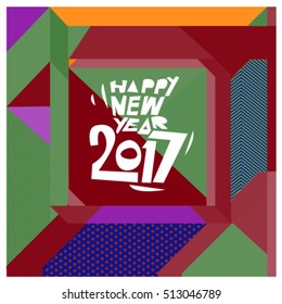 Happy New Year 2017 background. Calendar cover template. Colorful & Modern memphis style background. Greeting card vector illustration.
