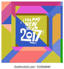 Happy New Year 2017 background. Calendar cover template. Colorful & Modern memphis style background. Greeting card vector illustration.