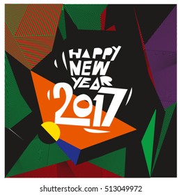 Happy New Year 2017 background. Calendar cover template. Colorful & Modern memphis style background. Greeting card vector illustration.