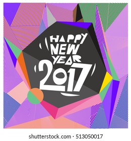 Happy New Year 2017 background. Calendar cover template. Colorful & Modern memphis style background. Greeting card vector illustration.