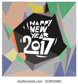 Happy New Year 2017 background. Calendar cover template. Colorful & Modern memphis style background. Greeting card vector illustration.