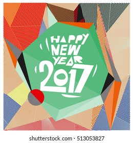 Happy New Year 2017 background. Calendar cover template. Colorful & Modern memphis style background. Greeting card vector illustration.