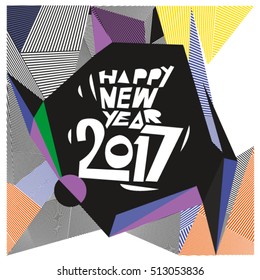 Happy New Year 2017 background. Calendar cover template. Colorful & Modern memphis style background. Greeting card vector illustration.