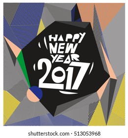 Happy New Year 2017 background. Calendar cover template. Colorful & Modern memphis style background. Greeting card vector illustration.