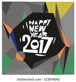 Happy New Year 2017 background. Calendar cover template. Colorful & Modern memphis style background. Greeting card vector illustration.
