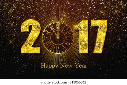 Happy New Year 2017. Background with golden sparkling texture. Vector illustration with gold clock.