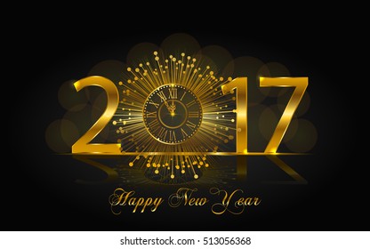 Happy New Year 2017. Background with golden sparkling texture. Vector illustration with gold clock.