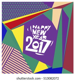 Happy New Year 2017 background. Calendar cover template. Colorful & Modern memphis style background. Greeting card vector illustration.