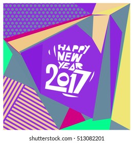 Happy New Year 2017 background. Calendar cover template. Colorful & Modern memphis style background. Greeting card vector illustration.