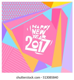 Happy New Year 2017 background. Calendar cover template. Colorful & Modern memphis style background. Greeting card vector illustration.