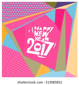 Happy New Year 2017 background. Calendar cover template. Colorful & Modern memphis style background. Greeting card vector illustration.