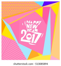 Happy New Year 2017 background. Calendar cover template. Colorful & Modern memphis style background. Greeting card vector illustration.