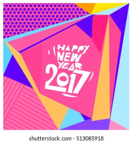Happy New Year 2017 background. Calendar cover template. Colorful & Modern memphis style background. Greeting card vector illustration.