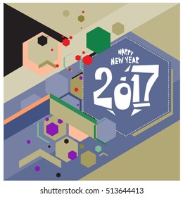 Happy New Year 2017 background. Calendar cover template. Colorful & Modern memphis style background. Greeting card vector illustration.