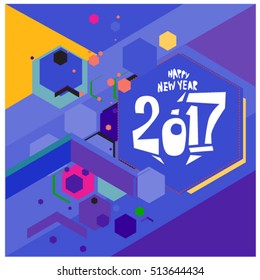 Happy New Year 2017 background. Calendar cover template. Colorful & Modern memphis style background. Greeting card vector illustration.