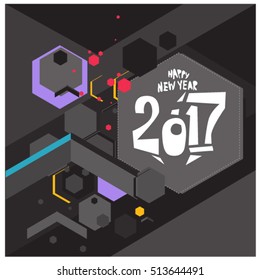 Happy New Year 2017 background. Calendar cover template. Colorful & Modern memphis style background. Greeting card vector illustration.