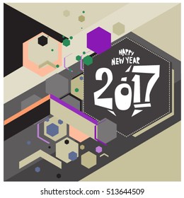 Happy New Year 2017 background. Calendar cover template. Colorful & Modern memphis style background. Greeting card vector illustration.