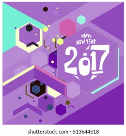 Happy New Year 2017 background. Calendar cover template. Colorful & Modern memphis style background. Greeting card vector illustration.