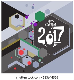 Happy New Year 2017 background. Calendar cover template. Colorful & Modern memphis style background. Greeting card vector illustration.