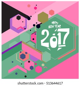 Happy New Year 2017 background. Calendar cover template. Colorful & Modern memphis style background. Greeting card vector illustration.