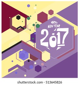 Happy New Year 2017 background. Calendar cover template. Colorful & Modern memphis style background. Greeting card vector illustration.