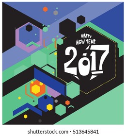 Happy New Year 2017 background. Calendar cover template. Colorful & Modern memphis style background. Greeting card vector illustration.