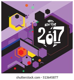 Happy New Year 2017 background. Calendar cover template. Colorful & Modern memphis style background. Greeting card vector illustration.