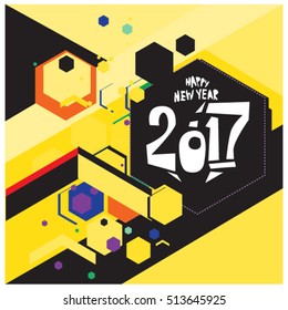 Happy New Year 2017 background. Calendar cover template. Colorful & Modern memphis style background. Greeting card vector illustration.