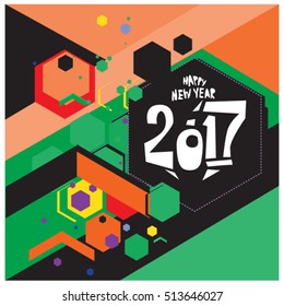 Happy New Year 2017 background. Calendar cover template. Colorful & Modern memphis style background. Greeting card vector illustration.