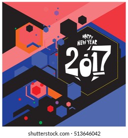 Happy New Year 2017 background. Calendar cover template. Colorful & Modern memphis style background. Greeting card vector illustration.