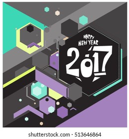 Happy New Year 2017 background. Calendar cover template. Colorful & Modern memphis style background. Greeting card vector illustration.


