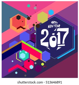 Happy New Year 2017 background. Calendar cover template. Colorful & Modern memphis style background. Greeting card vector illustration.

