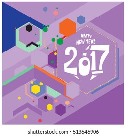 Happy New Year 2017 background. Calendar cover template. Colorful & Modern memphis style background. Greeting card vector illustration.

