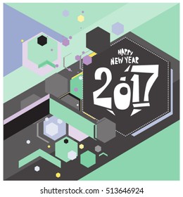 Happy New Year 2017 background. Calendar cover template. Colorful & Modern memphis style background. Greeting card vector illustration.

