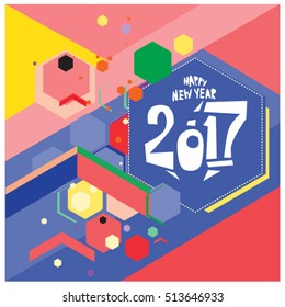 Happy New Year 2017 background. Calendar cover template. Colorful & Modern memphis style background. Greeting card vector illustration.

