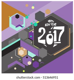 Happy New Year 2017 background. Calendar cover template. Colorful & Modern memphis style background. Greeting card vector illustration.

