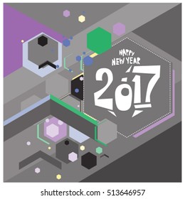 Happy New Year 2017 background. Calendar cover template. Colorful & Modern memphis style background. Greeting card vector illustration.

