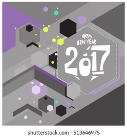 Happy New Year 2017 background. Calendar cover template. Colorful & Modern memphis style background. Greeting card vector illustration.

