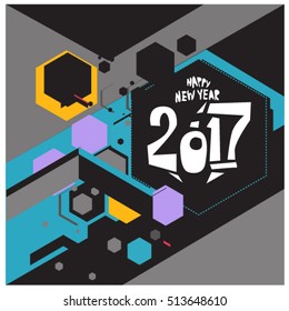 Happy New Year 2017 background. Calendar cover template. Colorful & Modern memphis style background. Greeting card vector illustration.

