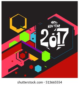 Happy New Year 2017 background. Calendar cover template. Colorful & Modern memphis style background. Greeting card vector illustration.