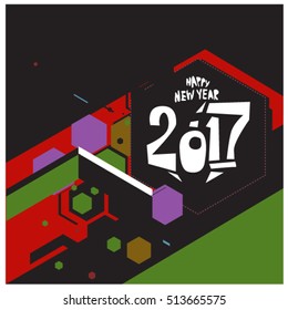 Happy New Year 2017 background. Calendar cover template. Colorful & Modern memphis style background. Greeting card vector illustration.