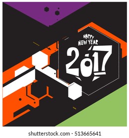 Happy New Year 2017 background. Calendar cover template. Colorful & Modern memphis style background. Greeting card vector illustration.